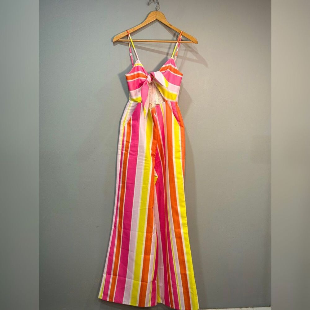 Pink Mainstrip Striped Tie Bust Jumpsuit Size S EUC